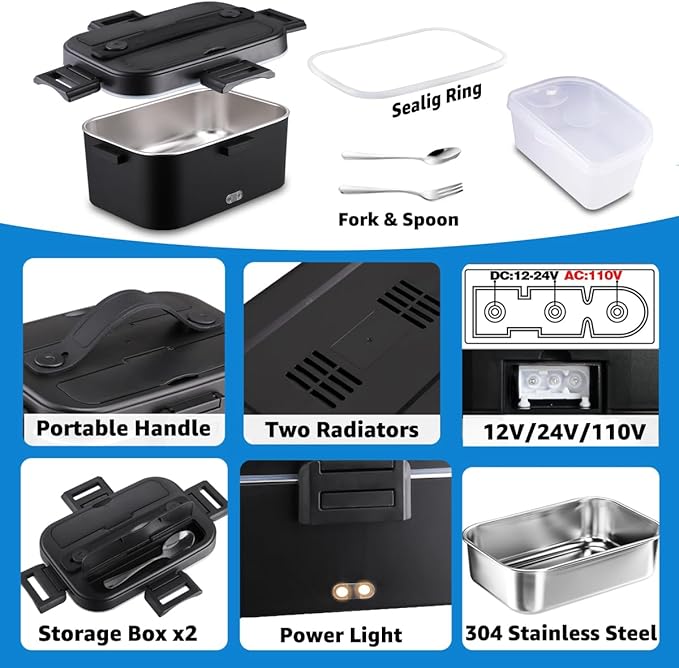 Nifogo Electric Lunch Box for Adults 80W Portable Heated Lunch Box for Men 3 in 1 Portable Food Warmer 110V/12V/24V with 1,8L Removable Stainless Steel Container & Bag(Black)
