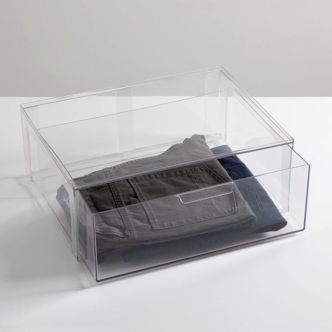 mDesign Plastic Stackable Closet Storage Organizer Bin Containers with Front Pull Drawer for Cabinet, Desk, Shelf, Cupboard, or Dresser Organization - Lumiere Collection - 2 Pack - Clear