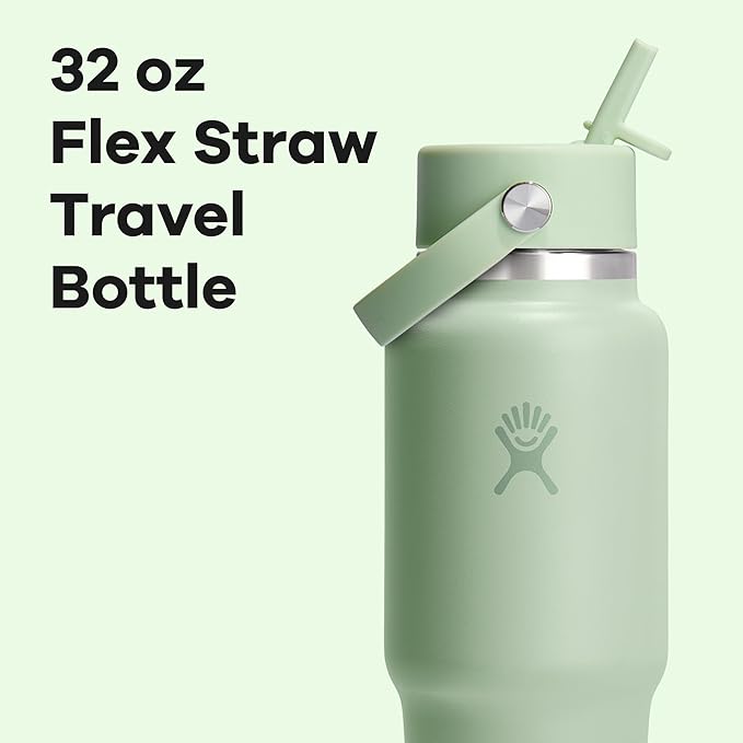 Hydro Flask Travel Water Bottle - Insulated Stainless Steel - Wide Straw Lid, Non Spill, Leakproof in 32 Oz Aloe Green