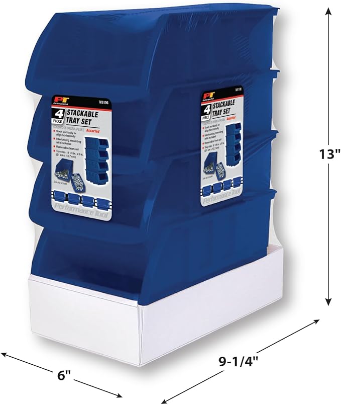 Performance Tool W5196 Large Stackable Storage Trays - Adjustable for Vertical or Horizontal Position, Blue, Pack of 4