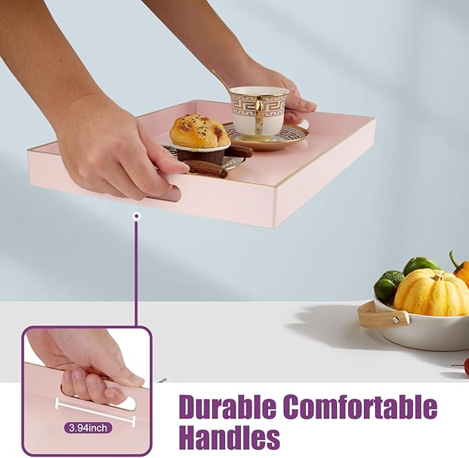 Gifturbo Pink Large Serving Tray with Handles，Rectangular Plastic Elegant Decorative Coffee Table Tray for Ottoman, Living Room, Bathroom, Home Decor, Vanity Trays with Gold Trimming, 15.7” x 11.8”