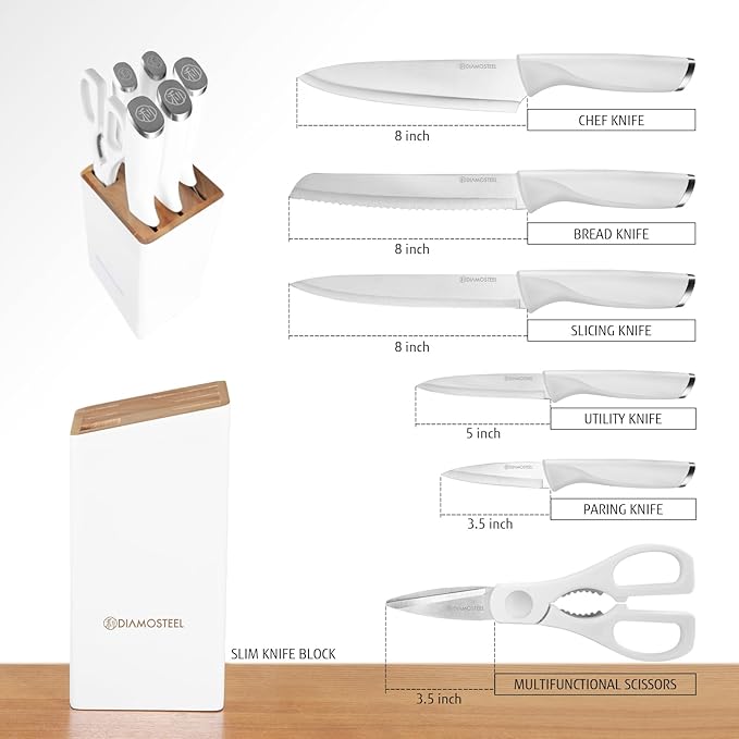 White Knife Set with Block, 7 Pieces Small Knife Block Set with Stainless Steel Blade Ergonomic Handle, Kitchen Knives Set Gifts for chef