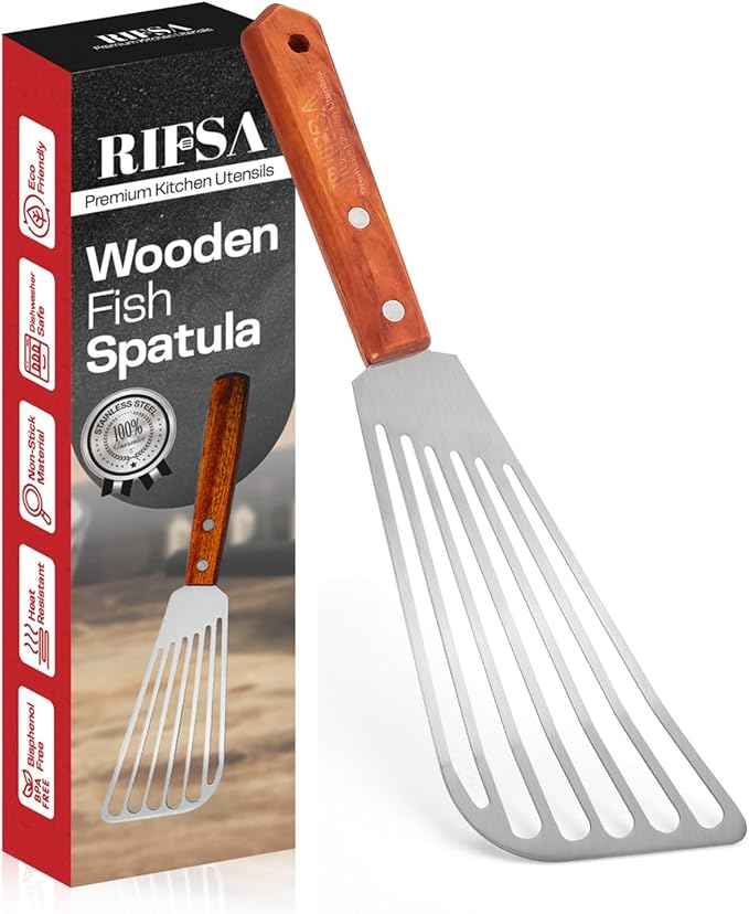 1 Slotted Elegant Silver Fish Turner Spatula - Metal Fish Spatula with 6.5 inch Blade & Ergonomic Wooden Handle - Ideal for Home and Professional Chefs