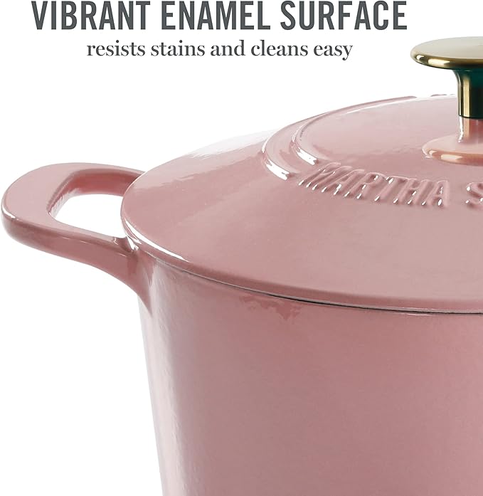 MARTHA STEWART Gatwick 7 QT Enamel Cast Iron Dutch Oven Pot with Lid, Pink