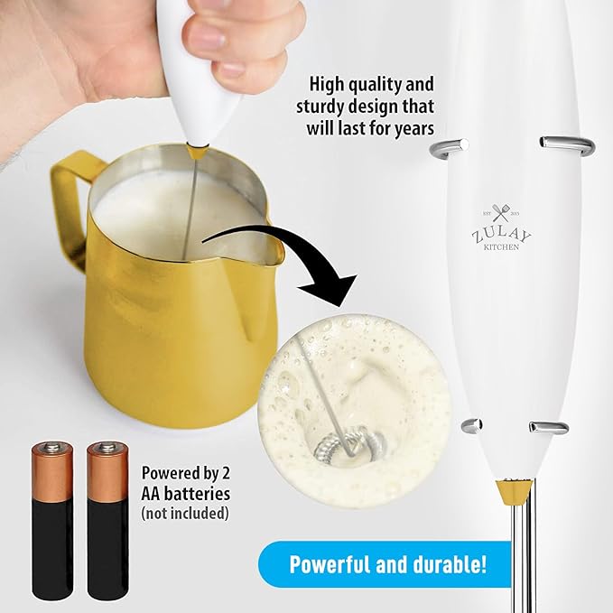 Zulay Premium Gift Milk Frother Set – Handheld Coffee Frother with Stand, 12oz/350ml Frothing Pitcher + 4 Latte Art Stencils – 13,000 RPM Motor, SS Whisk, Battery Operated – Barista Kit (White Gold)