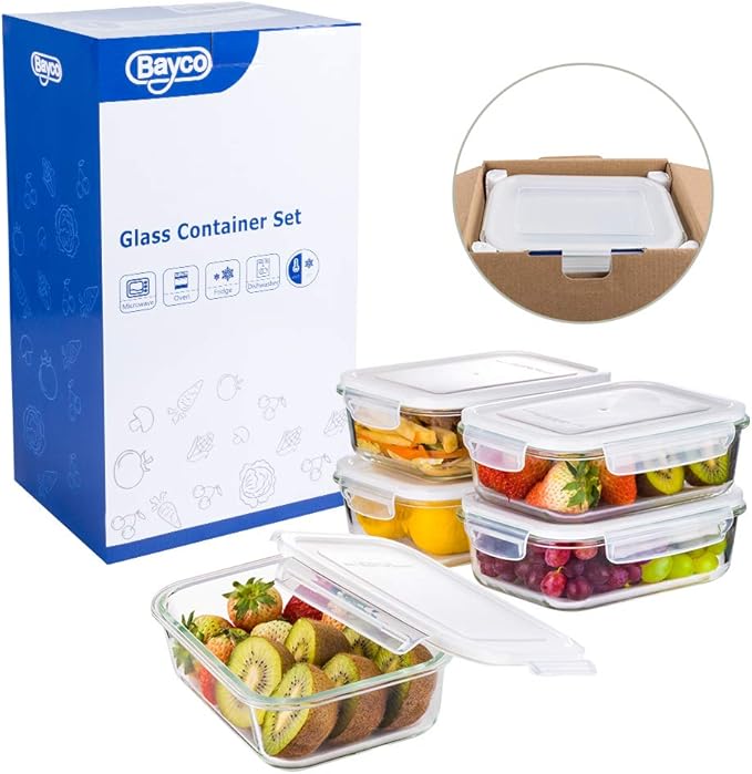 Bayco Large Glass Meal Prep Containers, 5 Pack, 36oz | 4.5cups, Food Storage With Lids, Airtight Bento Boxes, BPA Free & Leak Proof