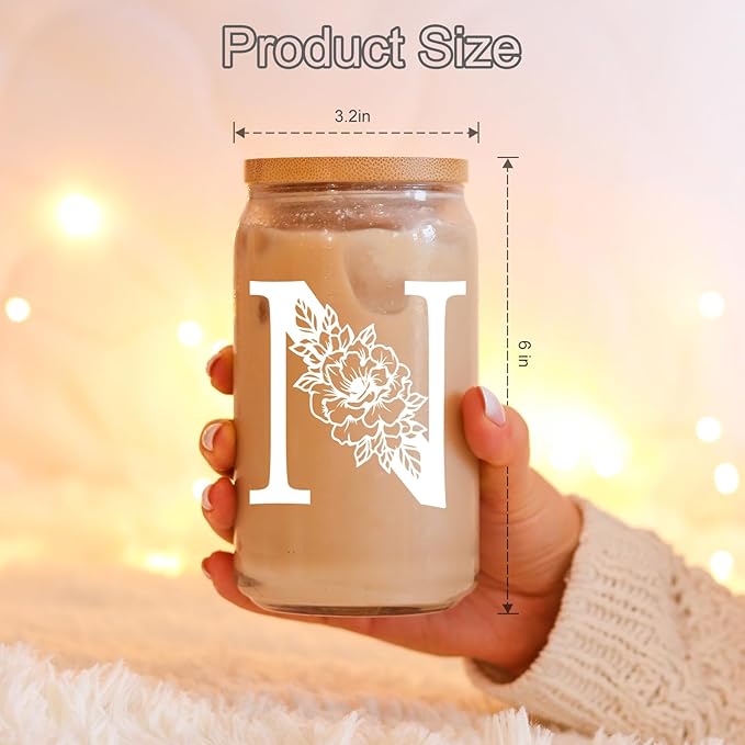Coolife Initial Glass Cup, Monogrammed Gifts for Women, 16 oz Glass Cups w/Lids Straws, Iced Coffee Smoothie Beer Tumbler w/Straw Lid - Personalized Christmas, Birthday Gifts for Her Mom Friend Woman
