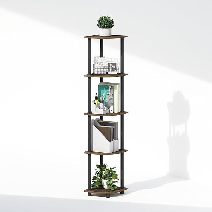 Furinno Turn-N-Tube Corner Shelf, 5-Tier Corner Display Rack, Shelving Unit, for Organization and Storage, Living Room, Home Office, Garage, Bedroom, Columbia Walnut