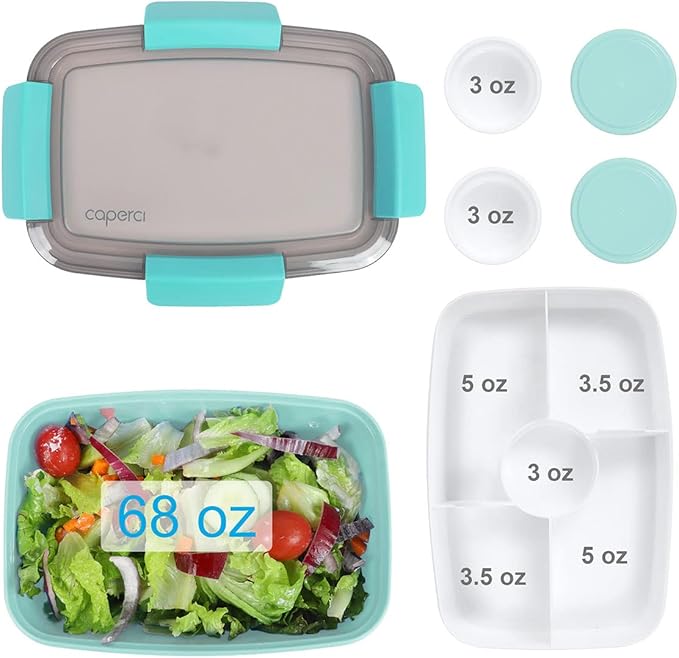 Caperci Large Salad Container Bowl for Lunch - Better Adult Bento Lunch Box 68 oz, 5-Compartment Tray, 2pcs 3-oz Sauce Cups, Stackable, BPA-Free (Aqua Sky)