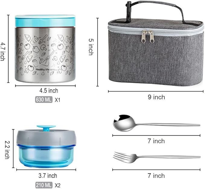 Lille Home Portable Insulated Lunch Box Set with Stainless Steel Cutlery, vacuum lunch box, to Keep Food Warm or Cool, Two Containers for Fruits and Sauces, Durable and Leak-Proof(Blue)