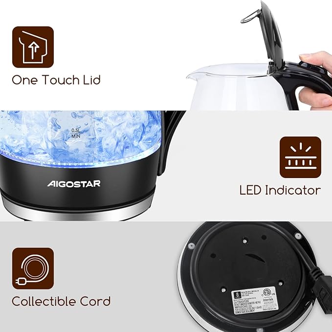 Aigostar Electric Kettle, 1500W Cordless Electric Tea and Hot Water Kettle with Filter, LED Illuminated, High Borosilicate Glass, No BPA, Auto Shutoff, Boil-Dry Protection, 360° Base, 1.7 Liter