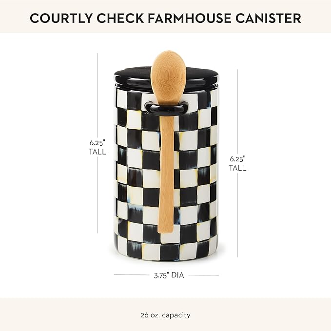 MACKENZIE-CHILDS Set of 1 Farmhouse Canister, Lidded Kitchen Canister with Spoon, Black-and-White Courtly Check
