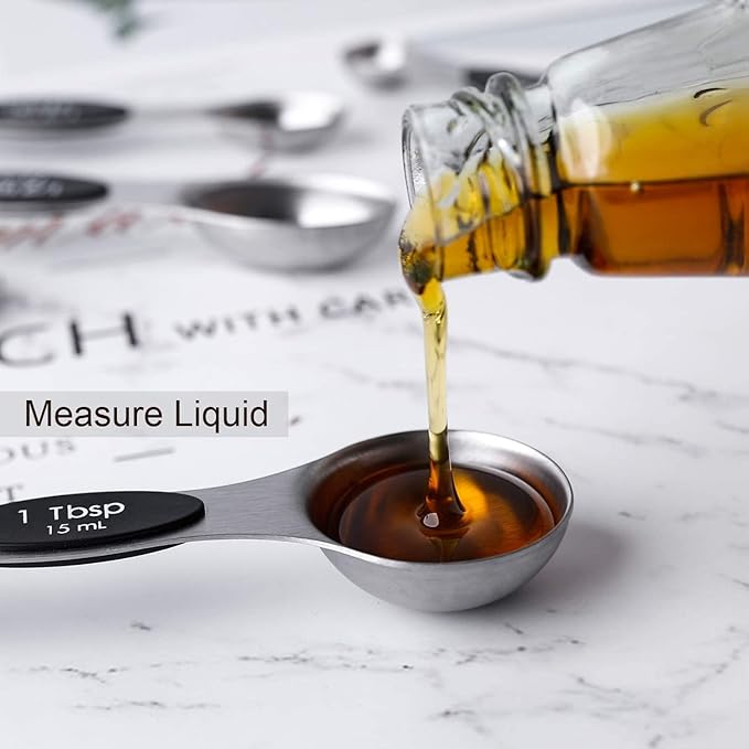 Magnetic Measuring Spoons Set of 8 Stainless Steel Stackable Dual Sided Nesting Teaspoons and Tablespoons for Measuring Dry and Liquid Ingredients