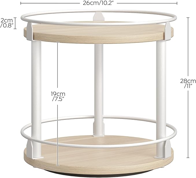 Lazy Susan Organizer, Rotating Spice Rack, 2 Tier Spice Turntable Organizer, Industrial Turntable Spice Holder, for Kitchen Countertop, Compact and Versatile, White and Light Oak SR22WG