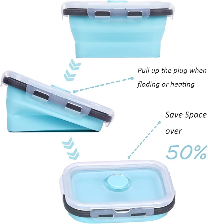 KUON Collapsible Silicone Food Storage Containers with Airtight Lids, Set of 4 Stacking Container, Microwave and Freezer and Dishwasher Safe, with Vent Valve, BPA Free (350ml and 500ml)