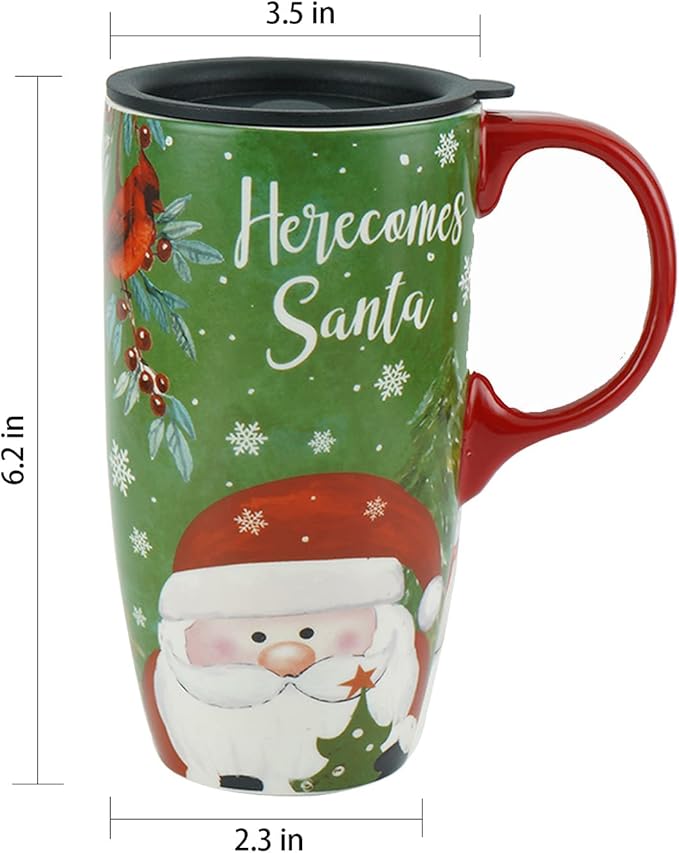 Topadorn Christmas Ceramic Mug Coffee Cup with Sealed Lid and Gift Box Latte Mug, 17oz. Here Comes Santa Claus