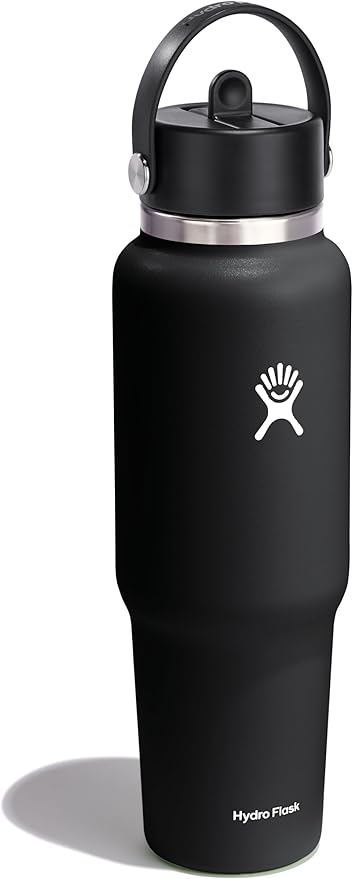 Hydro Flask Travel Water Bottle - Insulated Stainless Steel - Wide Straw Lid, Non Spill, Leakproof in 40 Oz Black