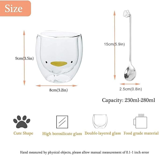 Duck Mug Cute Mugs Glass Double Wall Insulated Glass Espresso Cup, Coffee Cup, Tea Cup, Milk Cup,Kawaii Gift for Office and Personal Birthday Christmas (Duck)