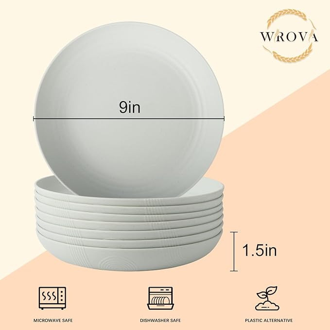 Wrova Wheat Straw Plates - 9 Inch Unbreakable Dinner Plates Set of 8 - Dishwasher & Microwave Safe Plastic Plates Reusable for kitchen and camping (light grey)