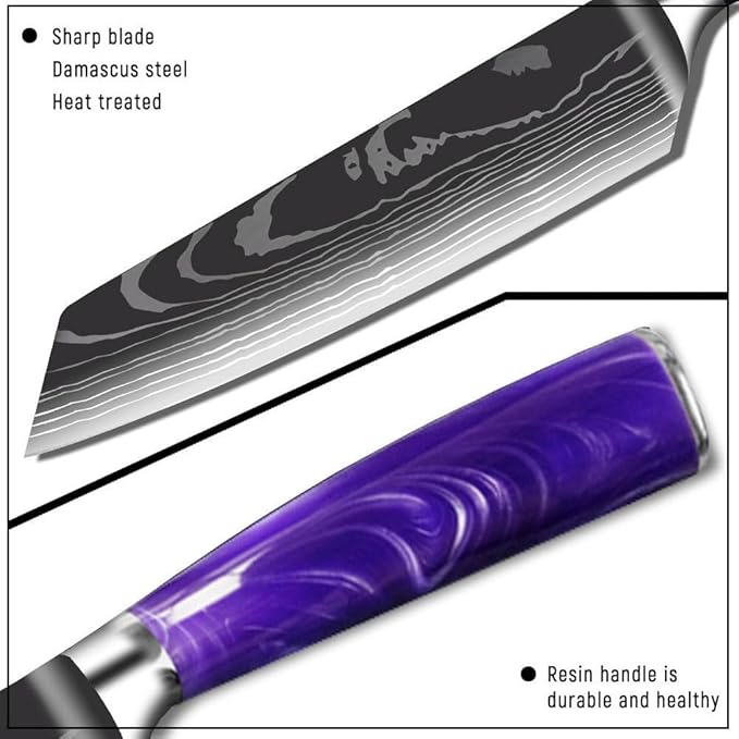 8-Piece Premium Japanese Kitchen Knife Set - Imperial Collection, Laser Damascus Pattern, 440A Stainless Steel Ultra Sharp for Fast Cutting (Purple 8J)