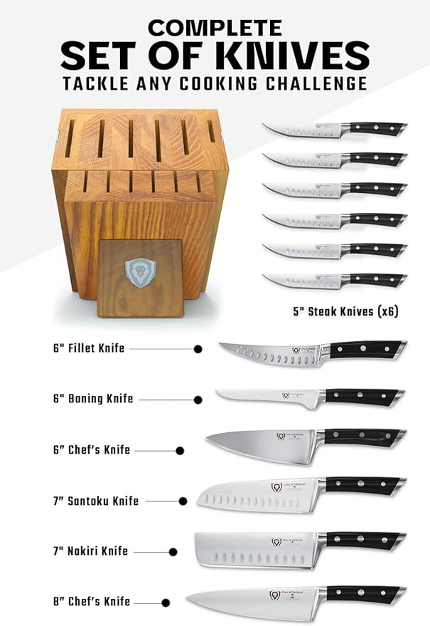DALSTRONG 12-Piece Knife Block Set - Gladiator Series Elite - Black Handles - German HC Steel - Hand-Made Manchurian Ash Wood Block - NSF Certified