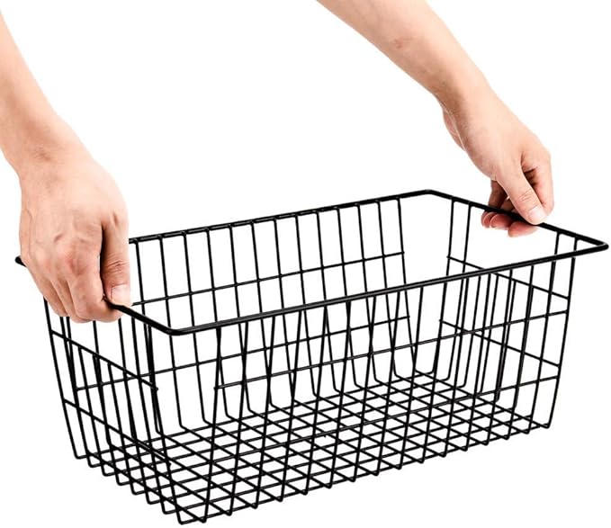SANNO Freezer Baskets Wire Storage Baskets Closet Baskets Bin Farmhouse Organizer Storage Bins Large Organizer Bins for Home, Office, Bathroom, Pantry Organization Storage -Black Set of 2, 15.7"