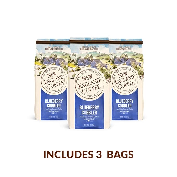 New England Coffee Blueberry Cobbler Medium Roast Ground Coffee, 11oz Bag (Pack of 3)