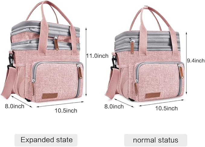 MOV COMPRA Lunch Bag for Women Men, Expandable Large Adult Insulated Lunch Box for Work, Leakproof Double Deck Lunch Box Cooler Tote Bag with Removable Shoulder Strap (PINK)
