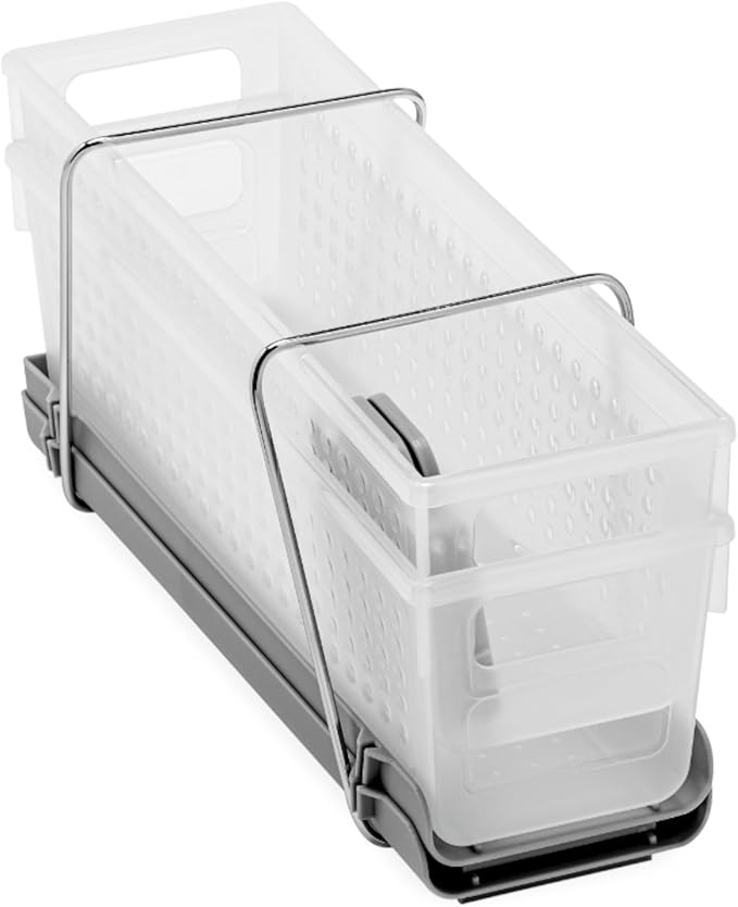 Madesmart 2-Tier Plastic Mini Multipurpose Organizer with Divided Slide-Out Storage Bins, Compact Under Sink and Cabinet Organizer Rack, Frost