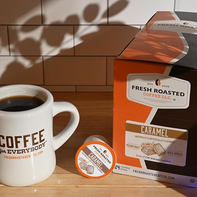 Fresh Roasted Coffee, Decaf Caramel, Flavored Coffee Pods, K-Cup Compatible, 96 Count