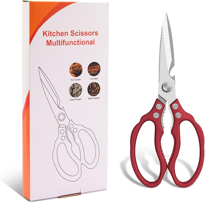 CGBE Kitchen Scissors All Purpose Heavy Duty, Ultra Sharp Stainless Steel Kitchen Shears Dishwasher Safe, Cooking Shears for Chicken, Poultry, Fish, Meat, Herbs & Grapes with Non-Slip Grips (Red)