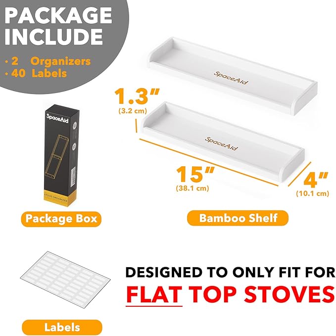 SpaceAid 30" Wide Kitchen Shelf Organizer for Stove, Magnetic Bamboo Spices Shelf for Home Stove Kitchen Storage Organization (Fit for Flat Top Only, White)