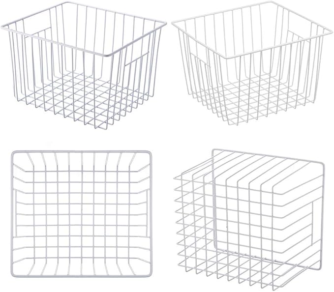 Freezer Wire Baskets, Kitchen Storage Organizer Bins for Chest and Upright Freezer, Refrigerator Dividers Containers with Handles - Pearl White (3)