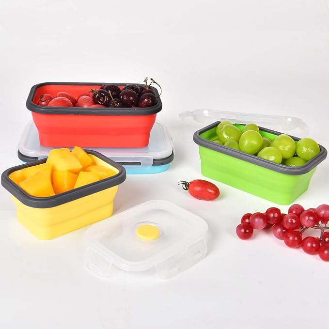 KUON Collapsible Silicone Food Storage Containers, Set of 4 Kitchen Collapsible Bowls with Airtight Lids, BPA Free, Microwave and Freezer and Dishwasher Safe (4 Colors)