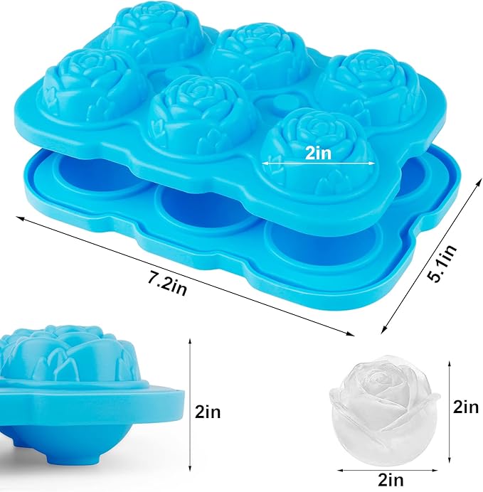 Ice Cube Tray, Mikiwon 2 inch Rose Ice Cube Trays With Covers, 6 Cavity Silicone Rose Ice Ball Maker, Easy Release Large Ice Cube Form for Chilled Cocktails, Whiskey, Bourbon & Homemade Juice (Blue)