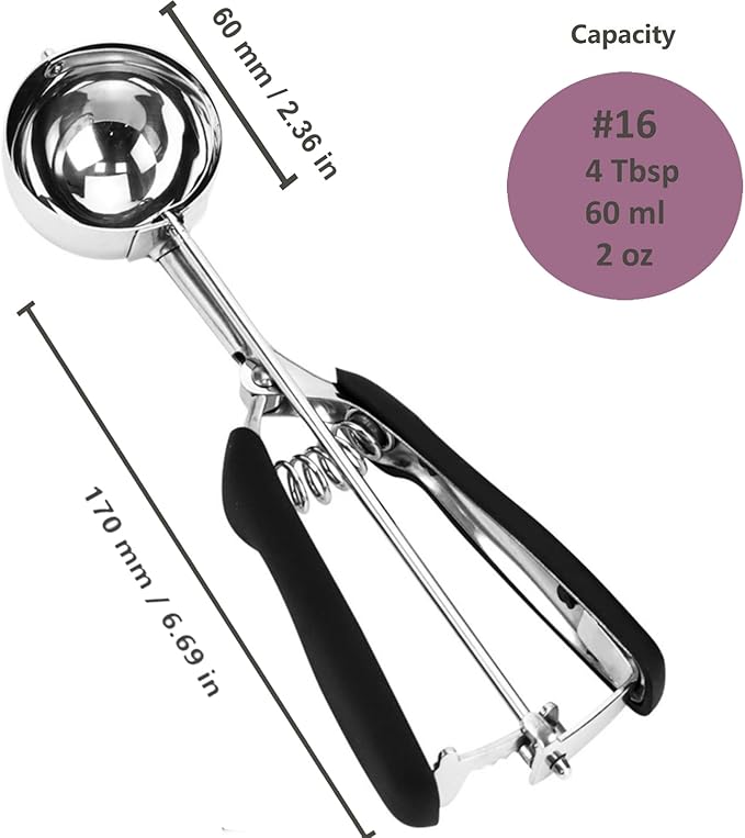 Ice Cream Scoop, 18/8 Stainless Steel Cookie Scoop, 4 tbsp/60ml/2oz Capacity, Ice Cream & Cupcake Scooper (Black)
