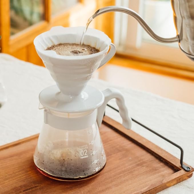 Hario V60 Pour Over Starter Set with Dripper, Glass Server, Scoop and Filters, Size 02, Pale Grey
