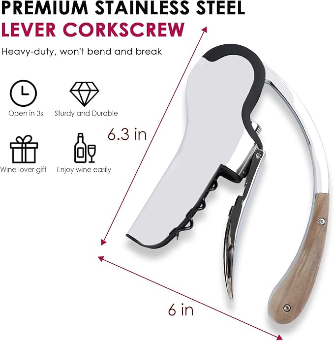 KAYCROWN Stainless Steel Wine Bottle Opener, Vertical Lever Corkscrew with Built-in Foil Cutter Design, Manual Handheld Corkscrew with Ergonomic Lever Pump