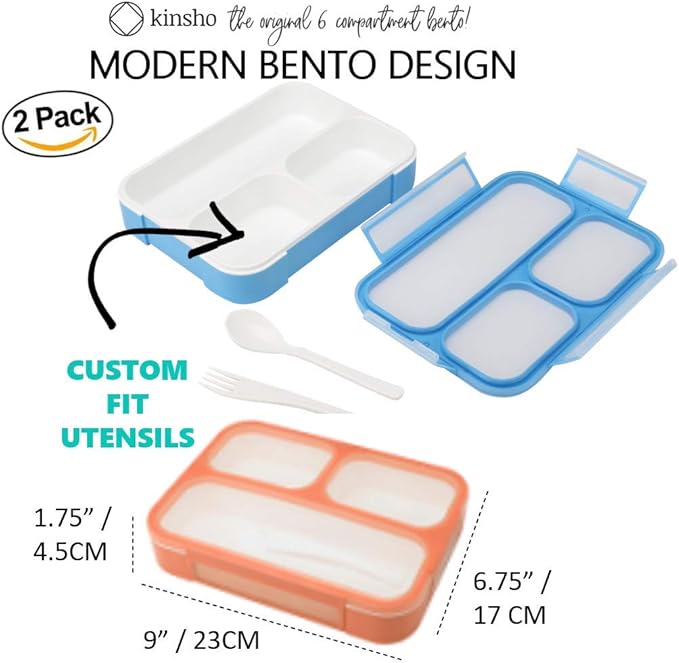 kinsho Bento Lunch Boxes for Adults or Kids | Large 3 Compartment Containers with Dividers for Meals and Snacks for School or Work Lunches, Women Men Includes Utensils | Coral Blue 2 pack
