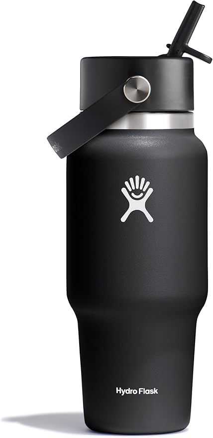 Hydro Flask Travel Water Bottle - Insulated Stainless Steel - Wide Straw Lid, Non Spill, Leakproof in 24 Oz Black