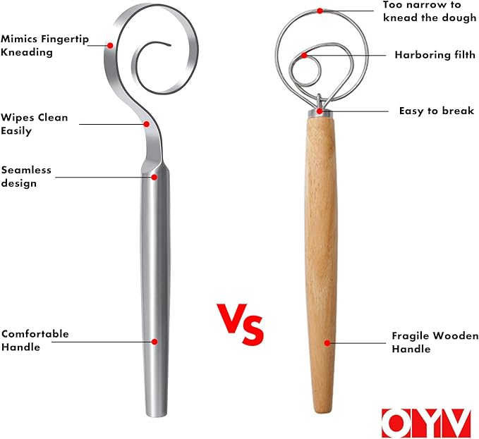 12-Inch Seamless Dough Whisk, 18/10 Stainless Steel Bread Whisk, Danish Whisk for Sourdough, Pizza, Cookies, Pancake & Waffle, Easy to Clean Sour Dough Tools