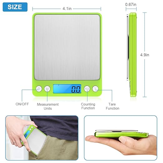 Digital Scale, 3000g, 0.01 Ounces, 0.1 Grams Accuracy Mini Kitchen Food Scale with 2 Trays, Pocket Scale for Jewelry, Coffee, LCD Display, Tare Function, Stainless Steel