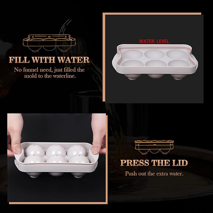 Whiskey Ice Ball Maker with Lid and Bin, 1.9" Round Ice Cube Trays for Freezer, Large Sphere Whisky Ices Cubes Tray Circle with Bucket&Tong, Cocktail Bourbon Brandy Scotch(Gray-6 Balls*2 Pack)