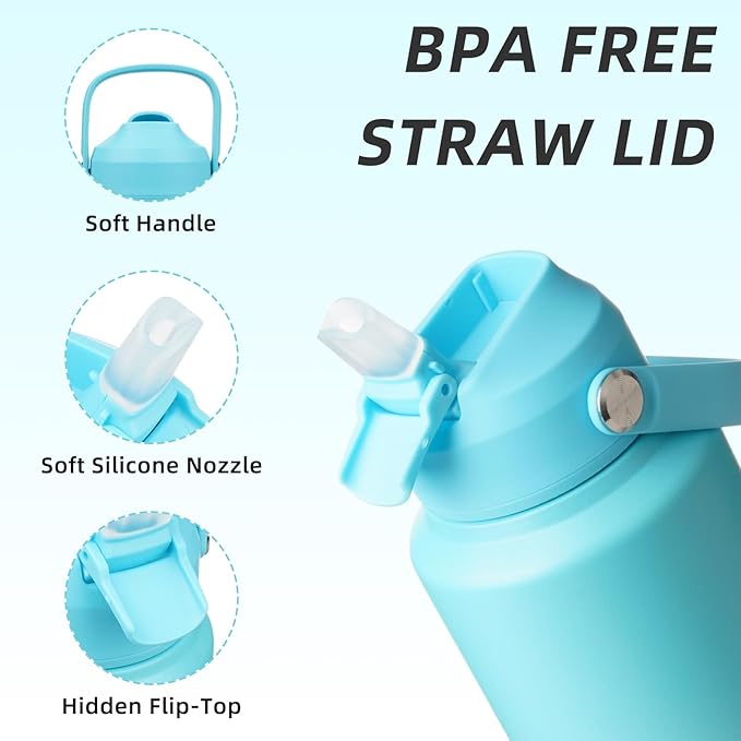 BJPKPK Water Bottle with Straw Lid, 32oz Vacuum Insulated Water Bottles, Metal Stainless Steel Thermo for Sports, Travel, BPA Free Leak Proof Thermo, Cups, Flasks, Tumblers,Sea Salt