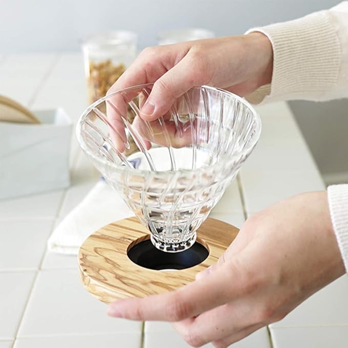 Hario V60 Glass Coffee Dripper, Size 01, Olive Wood