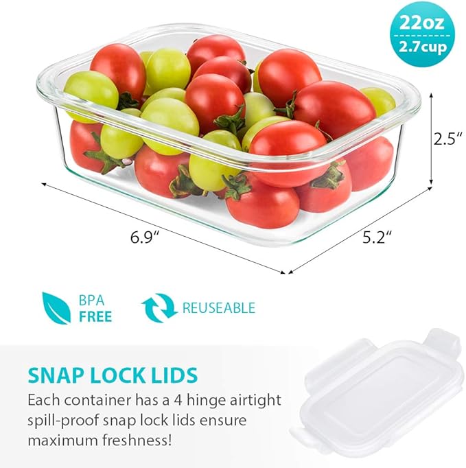 Bayco 6 Pack Glass Meal Prep Containers with Lids, Airtight Glass Lunch Bento Boxes, BPA-Free & Leak Proof (6 Lids & 6 Containers)