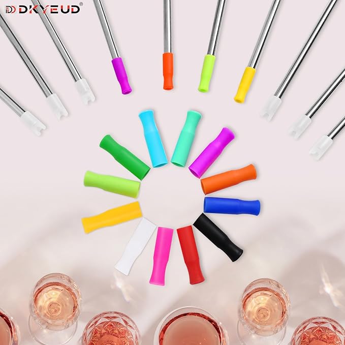 24PCS 12 Colors Food-Grade Metal Straws Reusable Silicone Tips,Silicone Base Sleeve,Only Fit Diameter 0.32In- 8mm Stainless Steel Straws,BPA Free, Eco-Friendly