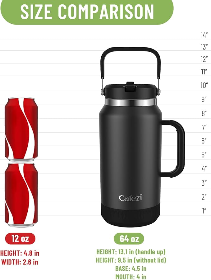64 oz Leak-Proof Insulated Tumbler with Flip Straw Lid - Sweat-Free, Top and Side Handle, Anti-Slip Silicone Base, Iced for 34 Hours - Water Jug for Hiking, Fitness, Office, Travel, Home