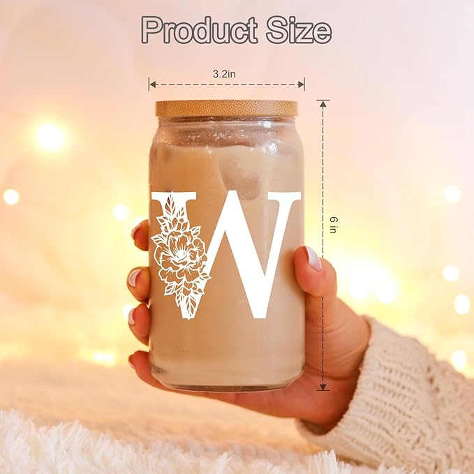Coolife Initial Glass Cup, Monogrammed Gifts for Women, 16 oz Glass Cups w/Lids Straws, Iced Coffee Smoothie Beer Tumbler w/Straw Lid - Personalized Christmas, Birthday Gifts for Her Mom Friend Woman