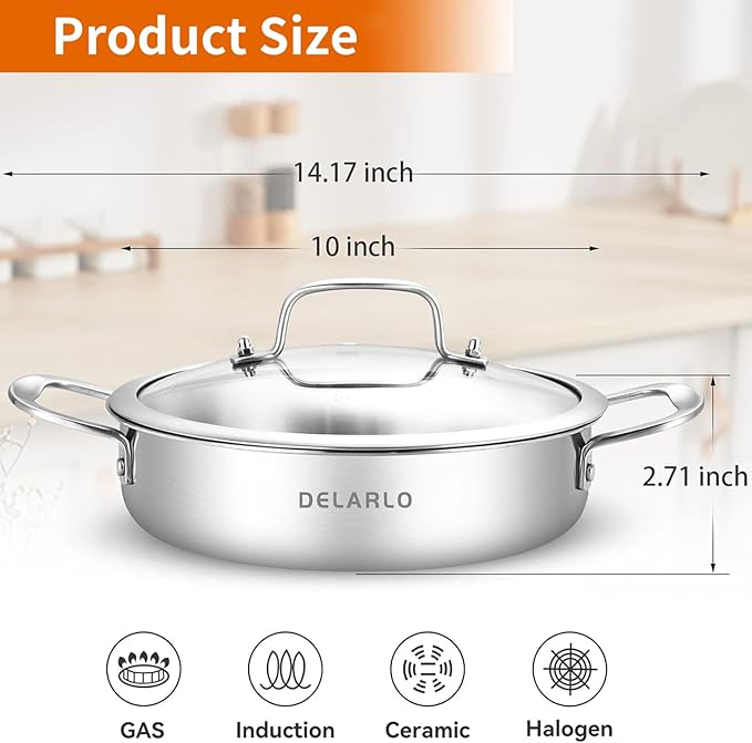 DELARLO Tri-Ply Stainless Steel 10 Inch Frying Pan 3QT Saute Pan With Lid Kitchen Skillets Induction Compatible Chef Cooking Pan Dishwasher & Oven Safe